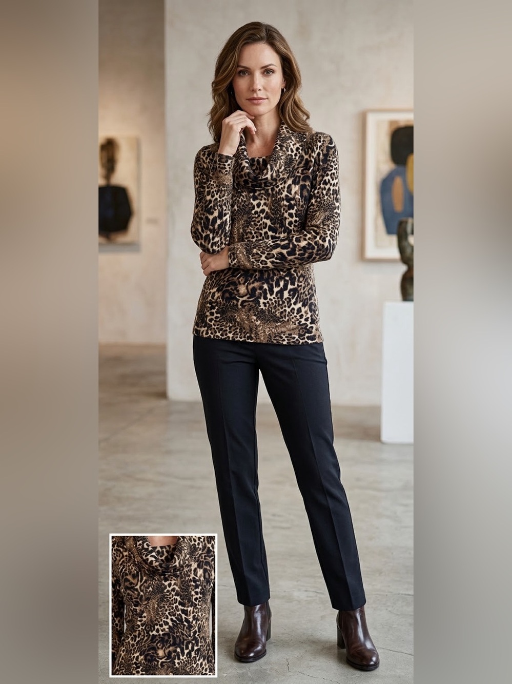 Lafayette 148 New York Cowl neck Cashmere Leopard Print Elegant Sweater Size L